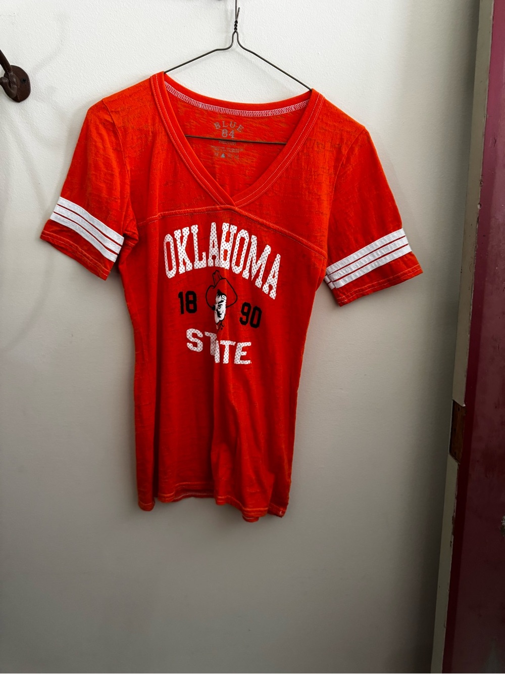 Blue 84 Orange Oklahoma State V-neck Tee with White Sleeve Stripes